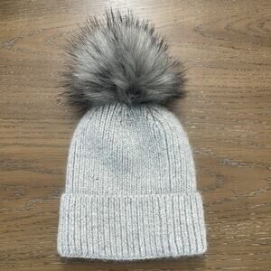 Knit Beanie Hat Ribbed Cuffed Pom Pom Gray Faux Fur Winter Warm Womens One Size